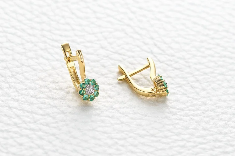 Серьги Цветы из жёлтого золота с 16 изумрудами и 8 бриллиантами