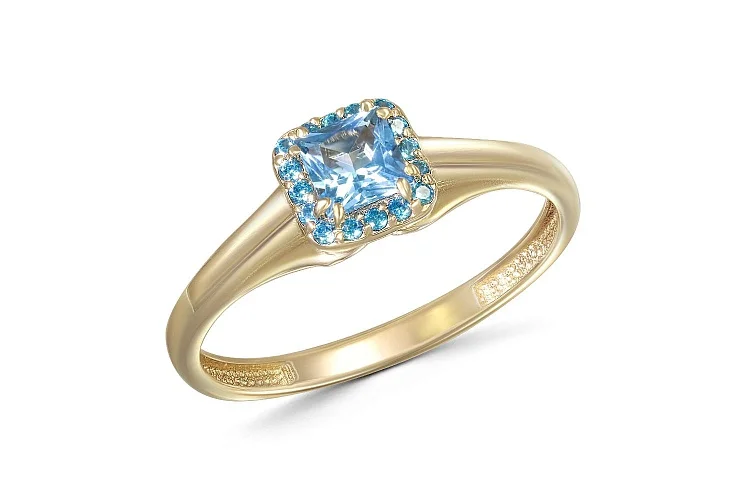 Кольцо из жёлтого золота с топазом swiss и 16 фианитами