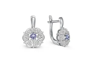 Серьги Цветы из белого золота с 2 танзанитами и 48 фианитами