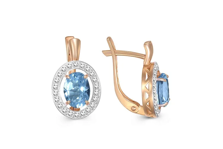 Серьги из красного золота с 2 топазами swiss и 44 фианитами
