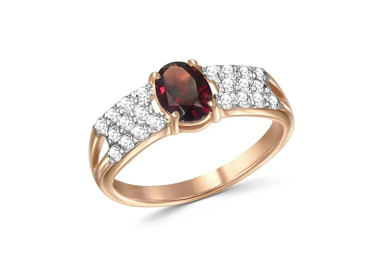 Кольцо из красного золота с гранатом и 22 фианитами