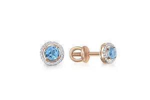 Серьги-пусеты из красного золота с 2 топазами swiss и 46 фианитами