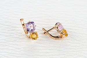 Серьги из красного золота с 2 аметистами и 2 цитринами