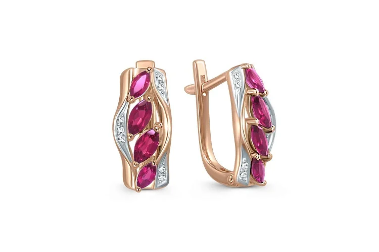 Серьги из красного золота с 8 корундами и 14 бриллиантами