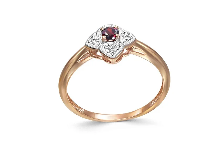 Кольцо Цветок из красного золота с гранатом и 12 фианитами