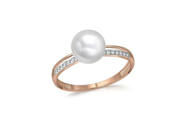Кольцо из красного золота с жемчугом и 14 бриллиантами