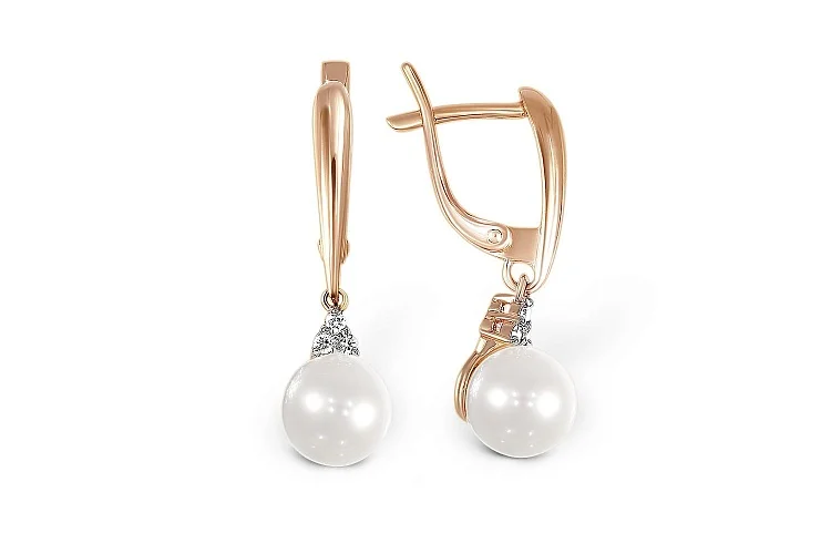 Серьги из красного золота с 2 жемчужинами и 6 бриллиантами