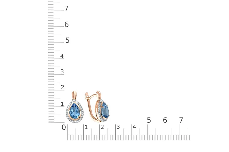 Серьги из красного золота с 2 топазами swiss и 52 фианитами