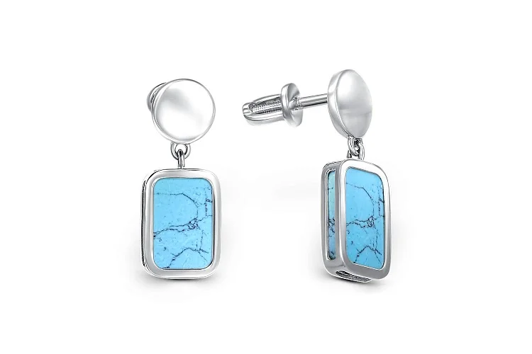 Серьги-пусеты Прямоугольники из белого золота с бирюзой