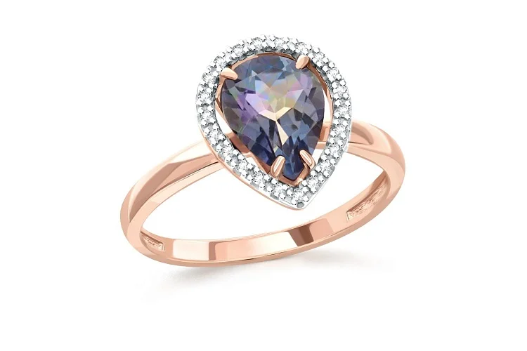 Кольцо из красного золота с кварцем и 22 фианитами