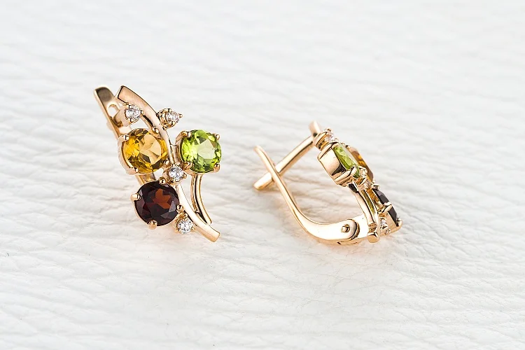 Серьги Цветы из красного золота с гранатами, хризолитами и цитринами