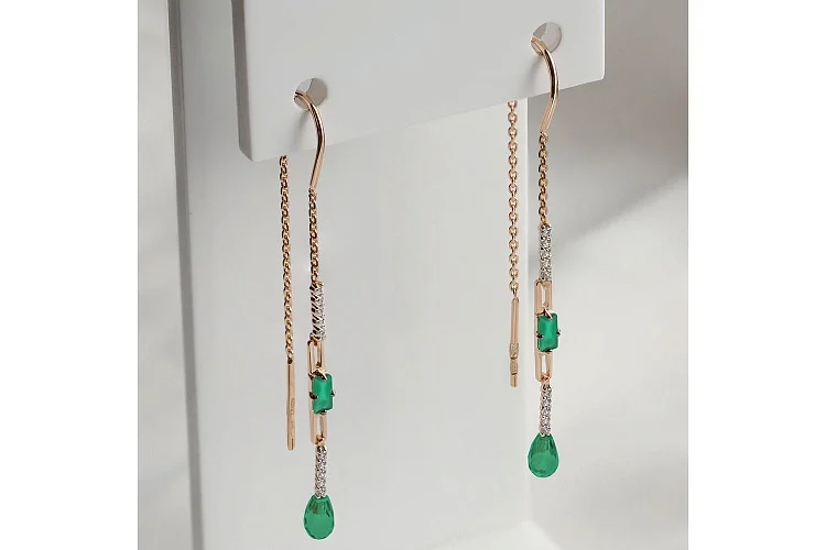 Серьги-продёвки из красного золота с 4 агатами и 20 фианитами