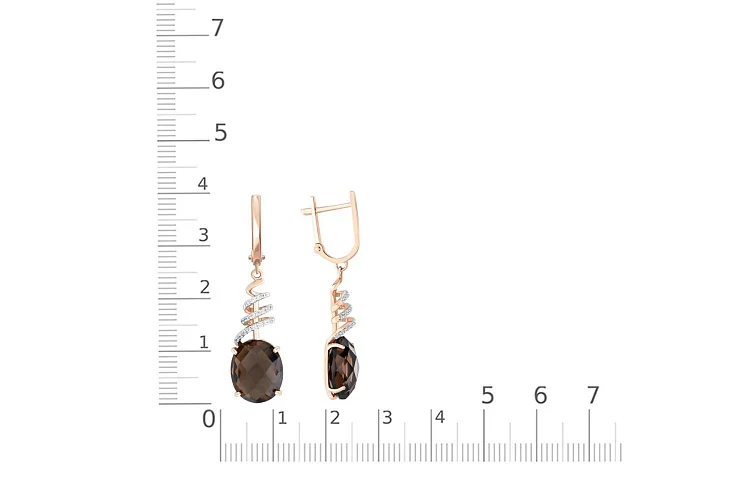 Серьги из красного золота с 2 раухтопазами и 36 фианитами