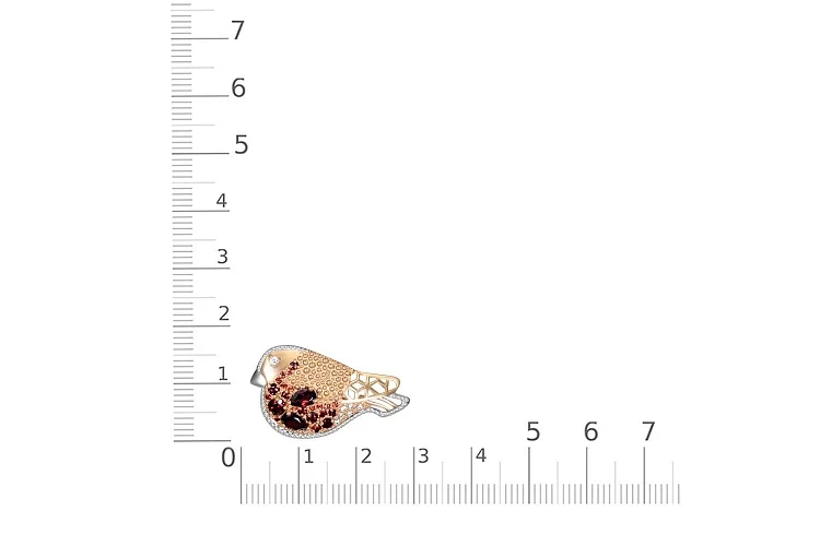 Брошь Снегирь из красного золота с 24 гранатами и 7 фианитами
