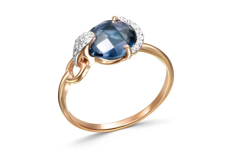 Кольцо из красного золота с топазом лондон и 15 фианитами
