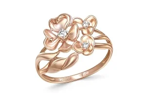 Кольцо Цветок из красного золота с 3 фианитами