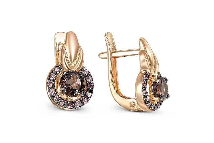 Серьги из красного золота с 2 раухтопазами и 26 фианитами