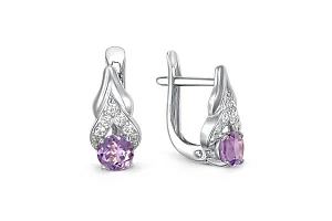 Серьги из белого золота с 2 аметистами и 10 фианитами