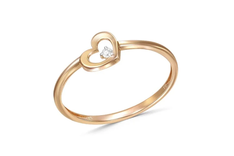 Кольцо Сердце из красного золота с фианитом