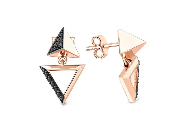 Серьги-пусеты Треугольники из красного золота с 30 фианитами