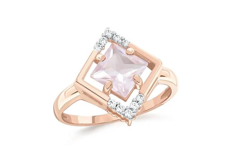 Кольцо из красного золота с кварцем и 10 фианитами