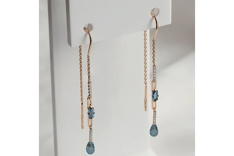 Серьги-продёвки из красного золота с 4 топазами лондон и 20 фианитами