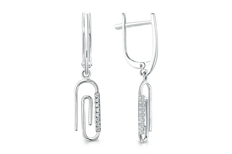 Серьги Скрепки из белого золота с 16 фианитами