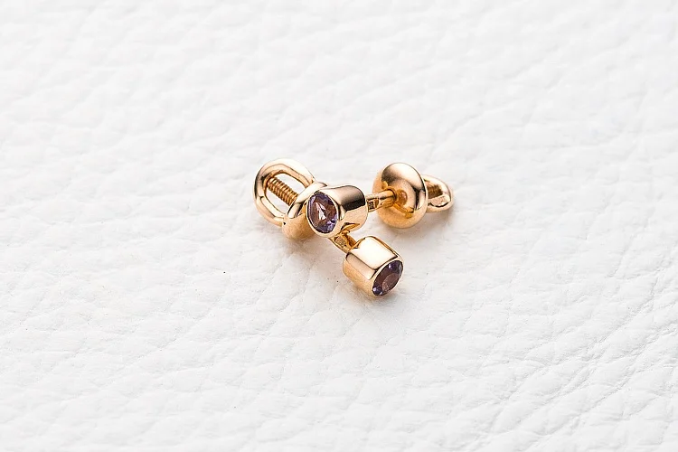 Серьги-пусеты из красного золота с 2 аметистами