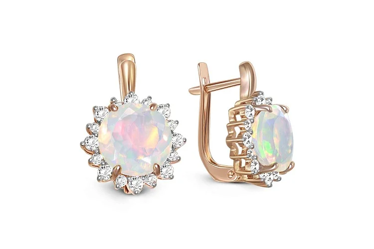 Серьги из красного золота с 2 опалами и 32 фианитами