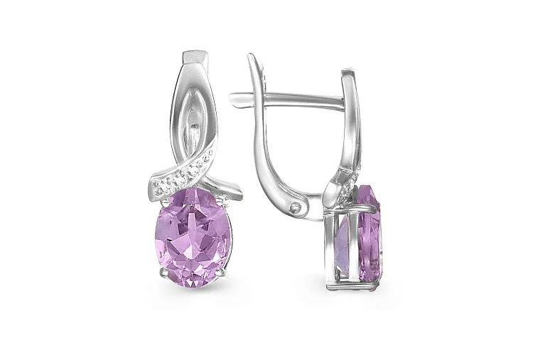 Серьги из белого золота с 2 аметистами и 6 фианитами