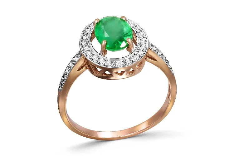 Кольцо из красного золота с изумрудом и 32 бриллиантами