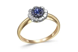 Кольцо Цветок из жёлтого золота с сапфиром и 20 бриллиантами