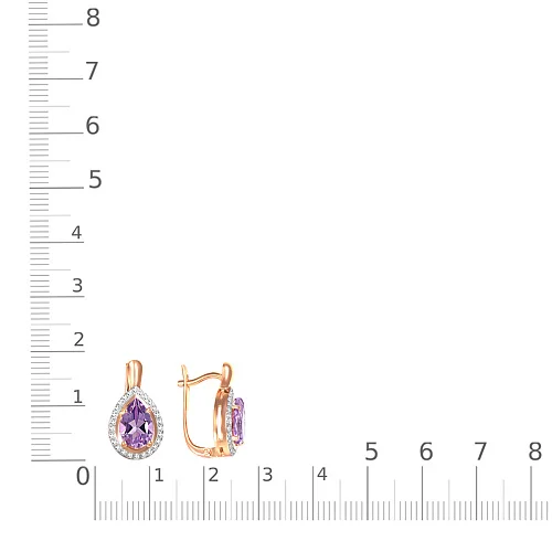 Серьги из красного золота с 2 аметистами и 52 фианитами