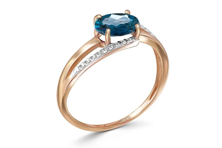 Кольцо из красного золота с топазом лондон и 20 фианитами