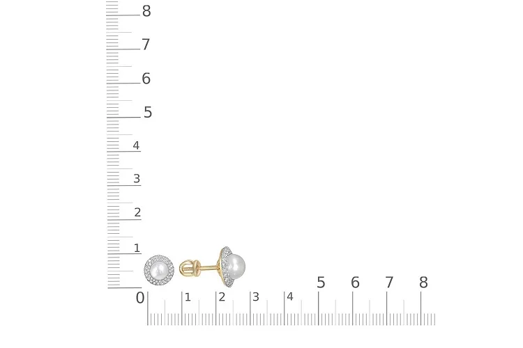 Серьги-пусеты из жёлтого золота с 2 жемчужинами и 88 фианитами