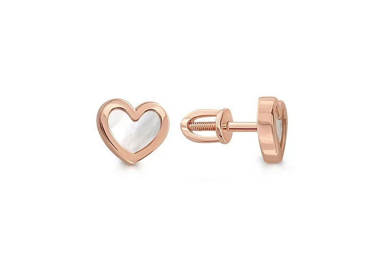 Серьги-пусеты Сердца из красного золота с перламутром