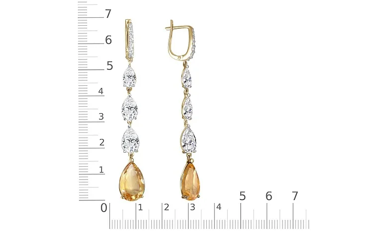 Серьги из жёлтого золота с 2 цитринами и 20 фианитами
