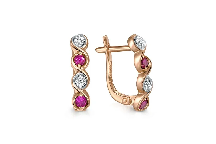 Серьги из красного золота с 4 корундами и 4 бриллиантами