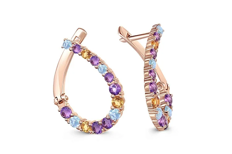 Серьги из красного золота с аметистами, топазами sky и цитринами