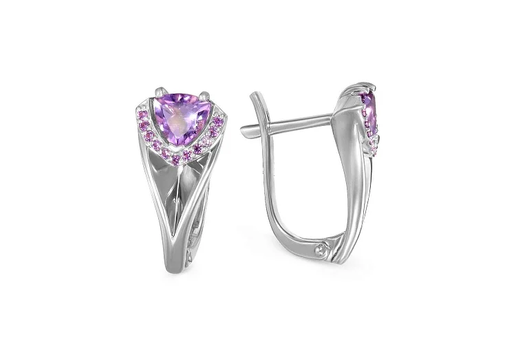 Серьги из белого золота с 2 аметистами и 22 фианитами