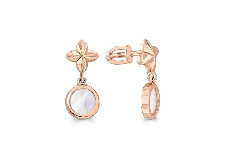 Серьги-пусеты Цветы из красного золота с перламутром
