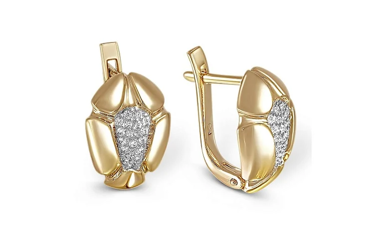 Серьги Цветы из жёлтого золота с 34 фианитами