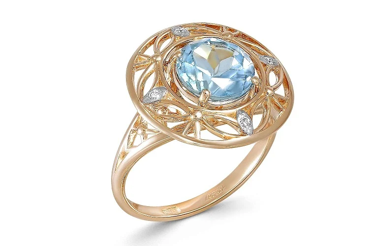 Кольцо Круг из красного золота с топазом sky и 4 фианитами
