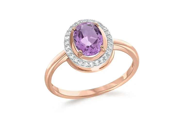 Кольцо из красного золота с аметистом и 26 фианитами