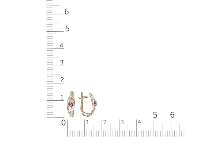 Серьги из красного золота с 2 родолитами и 16 фианитами