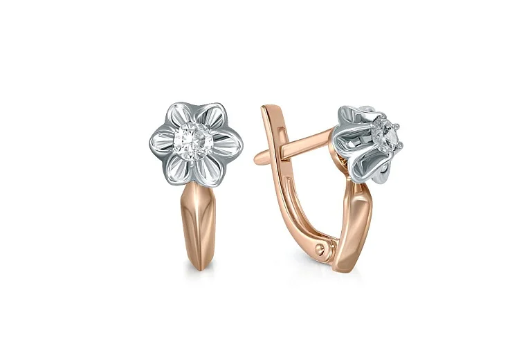 Серьги Цветы из красного золота с 2 бриллиантами