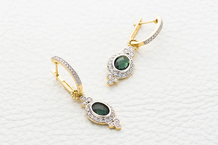 Серьги-трансформеры из жёлтого золота с 2 кварцами и 70 фианитами