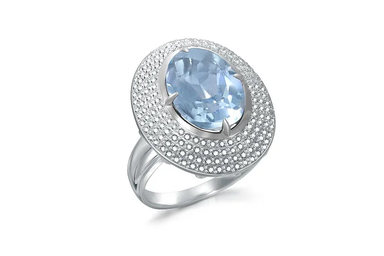 Кольцо из белого золота с топазом sky и 184 фианитами