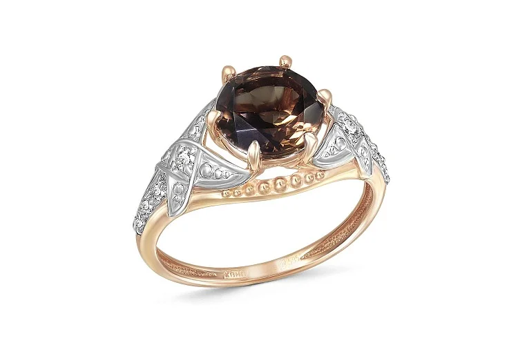Кольцо из красного золота с раухтопазом и 8 фианитами