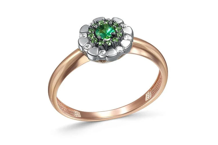 Кольцо Цветок из красного золота с изумрудом и 20 бриллиантами